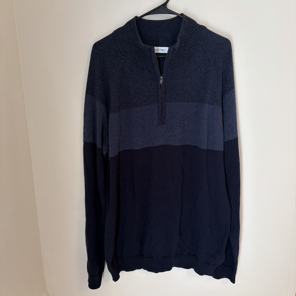 Calvin Klein XL Navy Blue 1/4 Zip Knit Sweater Striped Preppy Cabin Career Work